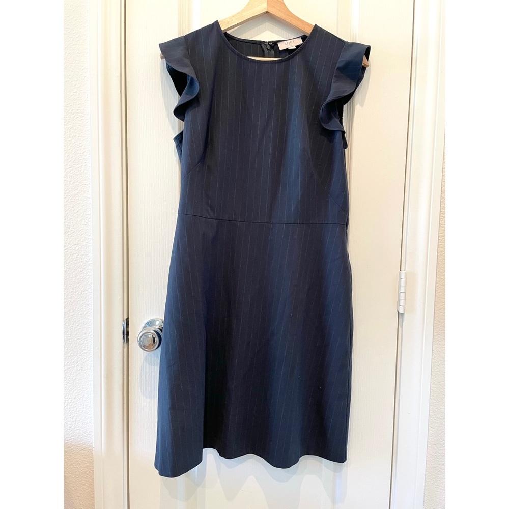 Loft Outlet Petite Navy Pinstripe Ruffle Sleeve Work Sheath Dress